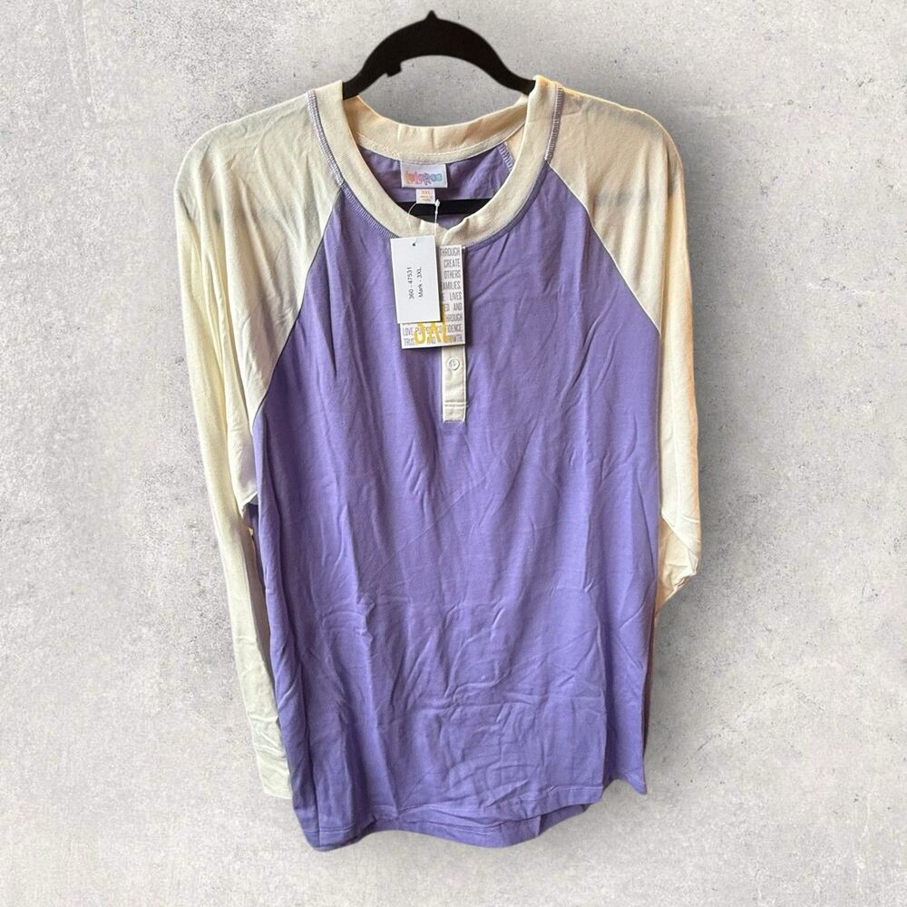 LuLaRoe Mark Henley Shirt Long Sleeve Size 3XL Purple  & Beige Print NWT